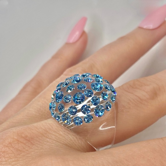 Acrylic Crystal Blue Ring Embellished with blue Crystal stones, Statement Ring - Picture 7 of 13